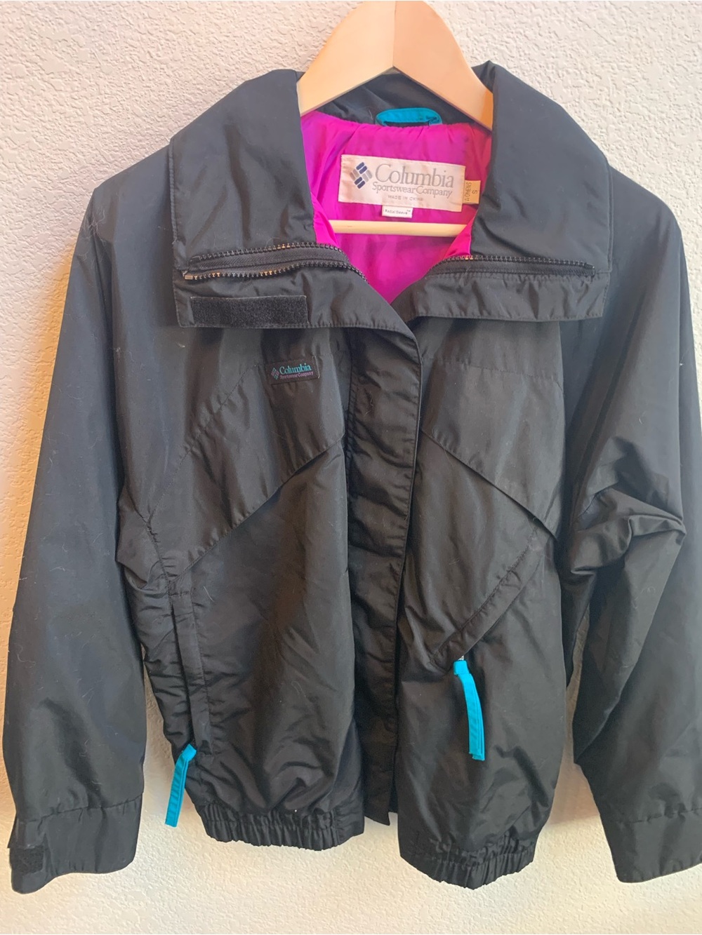 Columbia Black Ski Jacket with Pink Lining and Blue Accents